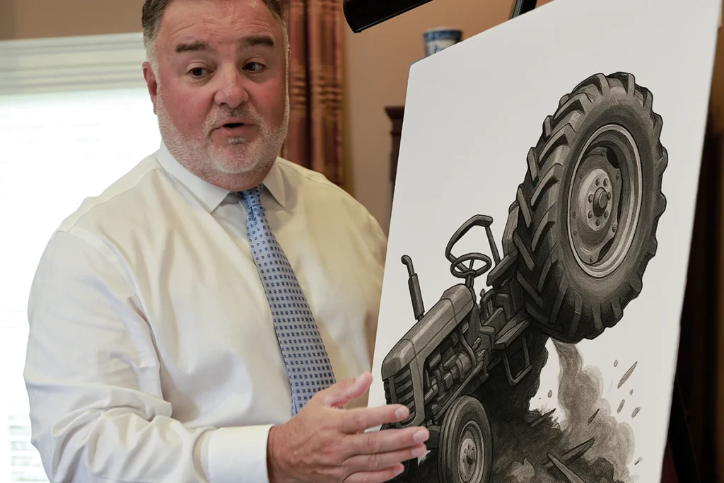 Attorney joel hamner explains a tractor accident exhibit to a client, focusing on equipment malfunction analysis.