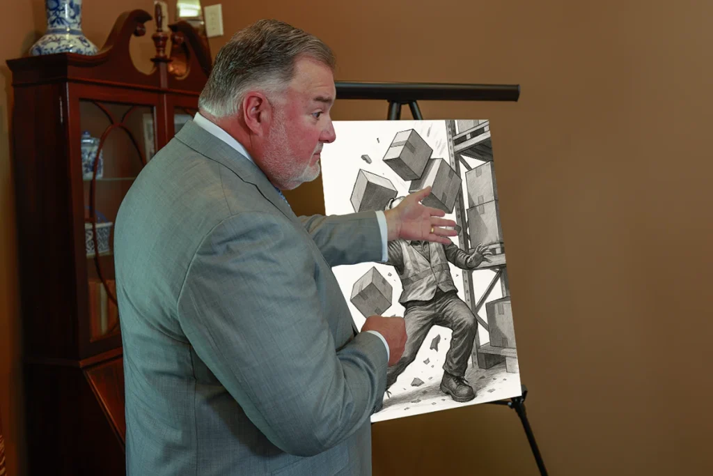 Attorney joel hamner meets with a client to discuss a falling object accident exhibit highlighting workplace safety lapses.