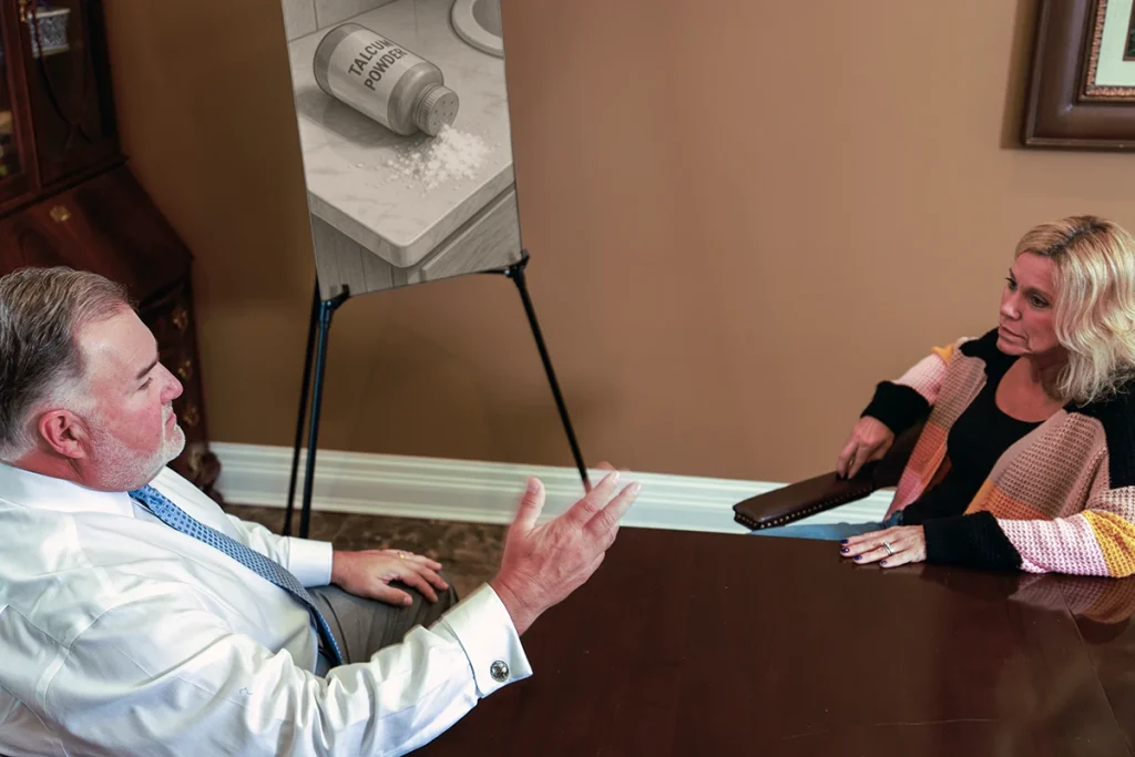 Attorney joel hamner meets with a client to discuss a talcum powder injury exhibit highlighting product testing evidence.