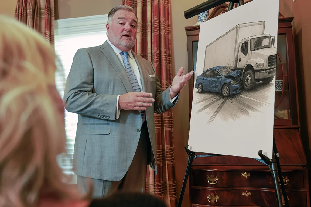 Attorney joel hamner meets with a client to review a delivery truck accident exhibit with gps and crash scene evidence.