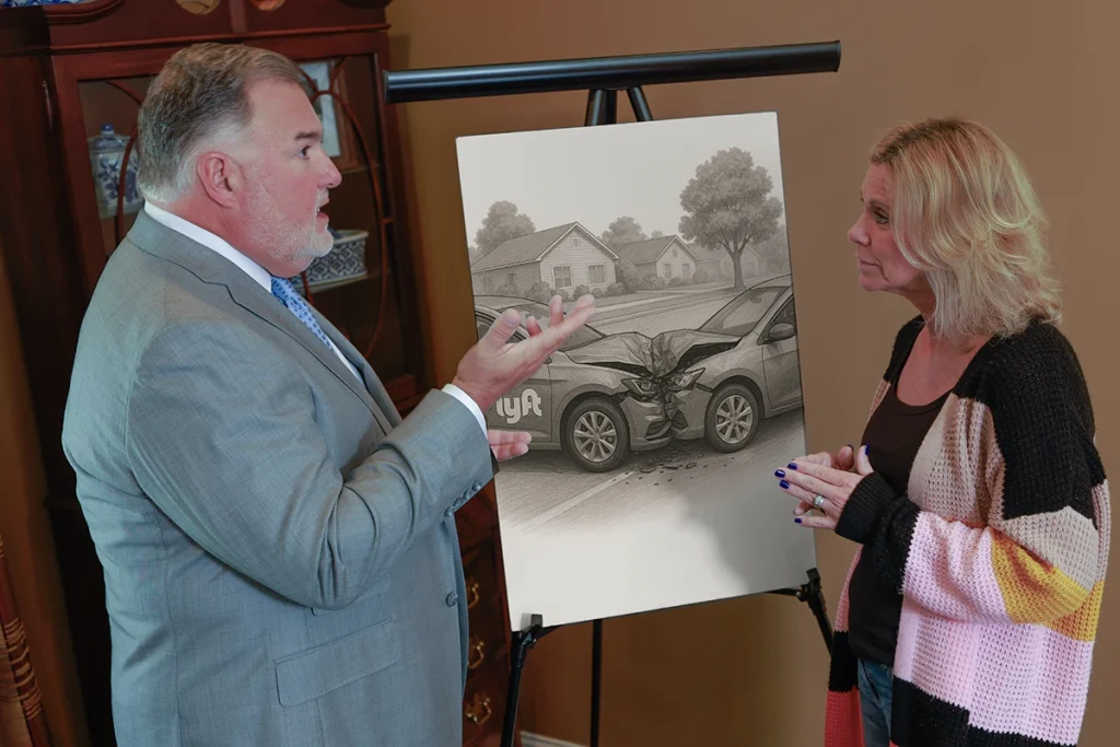 Attorney joel hamner presents a lyft accident exhibit with a client, highlighting driver log evidence.