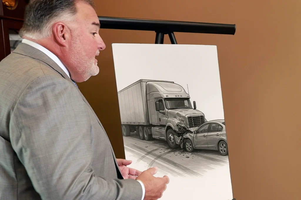 Attorney joel hamner presents a big rig accident exhibit with a client, tracing highway diagrams and collision photos.