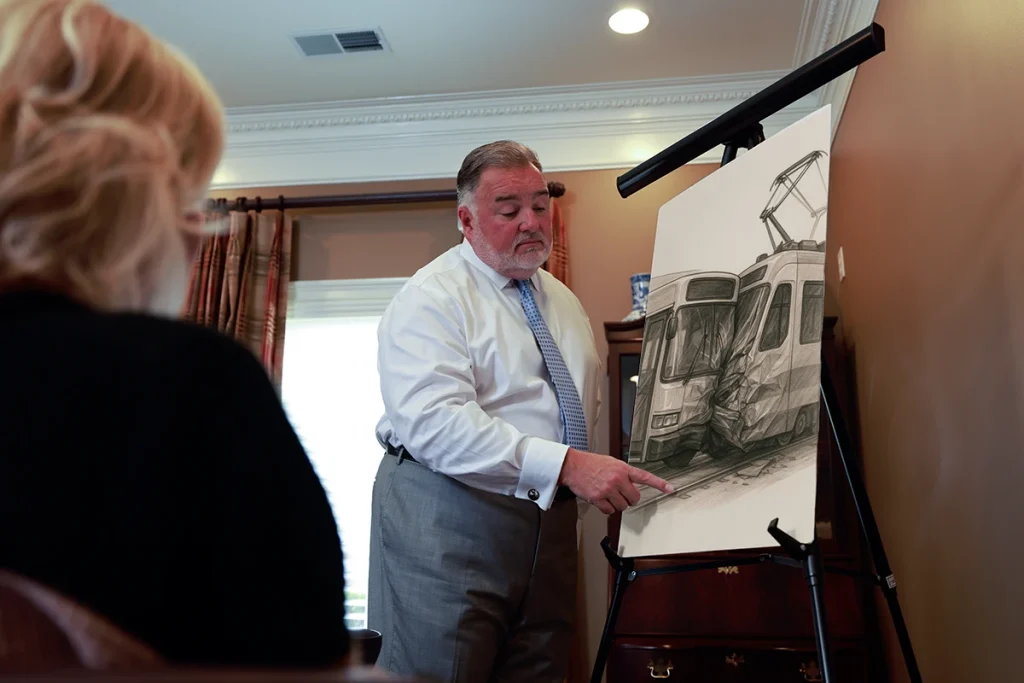 Attorney joel hamner presents a public transportation accident exhibit to a client, noting passenger statements.