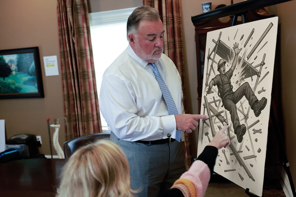 Attorney joel hamner presents a runaway vehicle accident exhibit to a client, detailing brake failure findings.