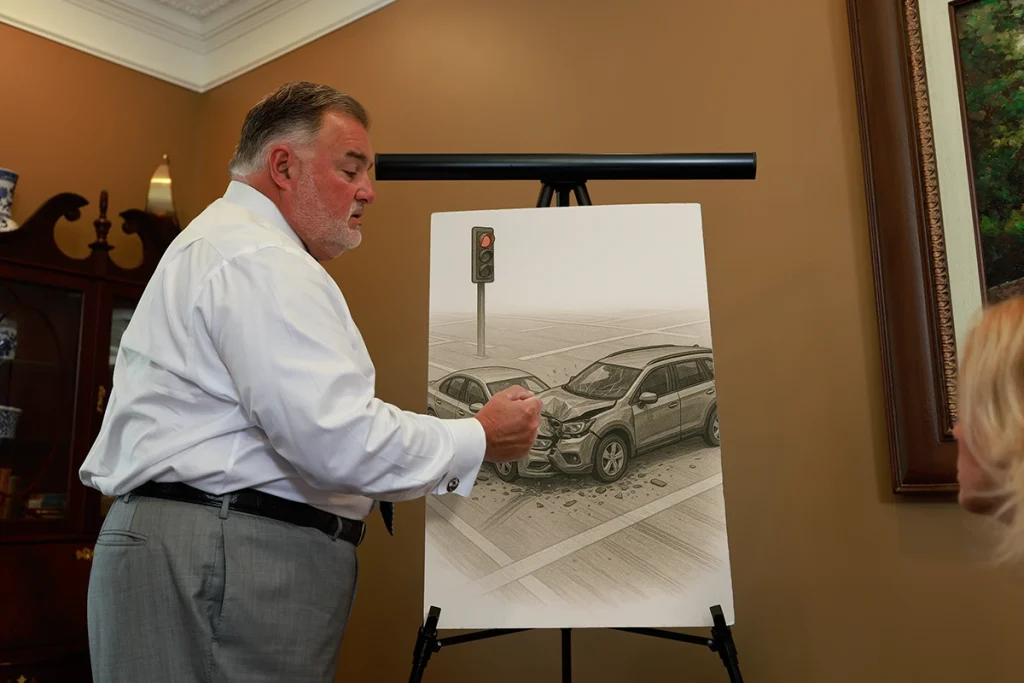 Attorney joel hamner presents a side impact collision exhibit to a client, featuring door intrusion evidence.