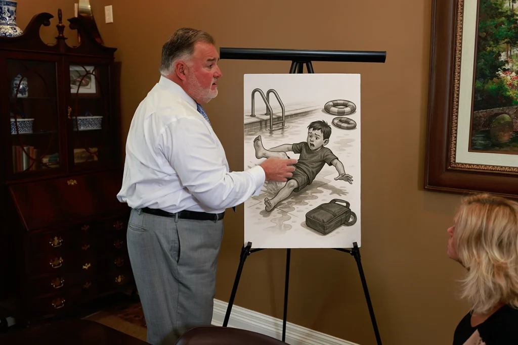 Attorney joel hamner presents a swimming pool accident exhibit to a client, highlighting safety fence failures.