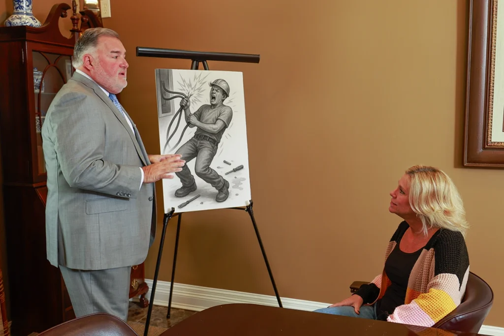 Attorney joel hamner presents an electrocution accident exhibit to a client, outlining wiring hazards.