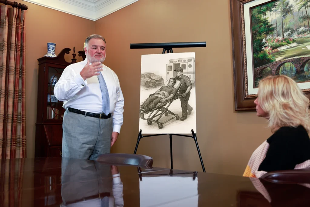Attorney joel hamner presents an organ damage injury exhibit to a client, highlighting medical imaging evidence.