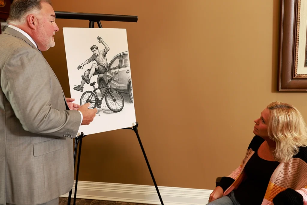 Attorney joel hamner reviews a bone fracture exhibit with a client, showing x rays and recovery timelines.