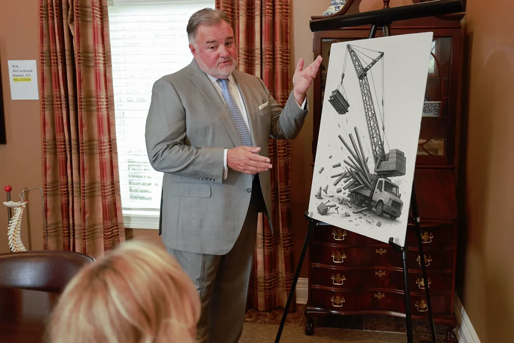 Attorney joel hamner reviews a crane accident exhibit with a client, highlighting rigging failure details.