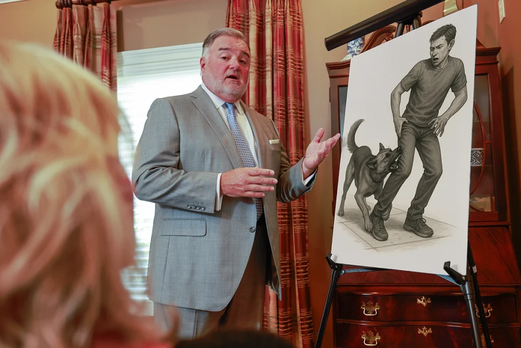 Attorney joel hamner reviews a dog bite exhibit with a client, outlining animal control reports.
