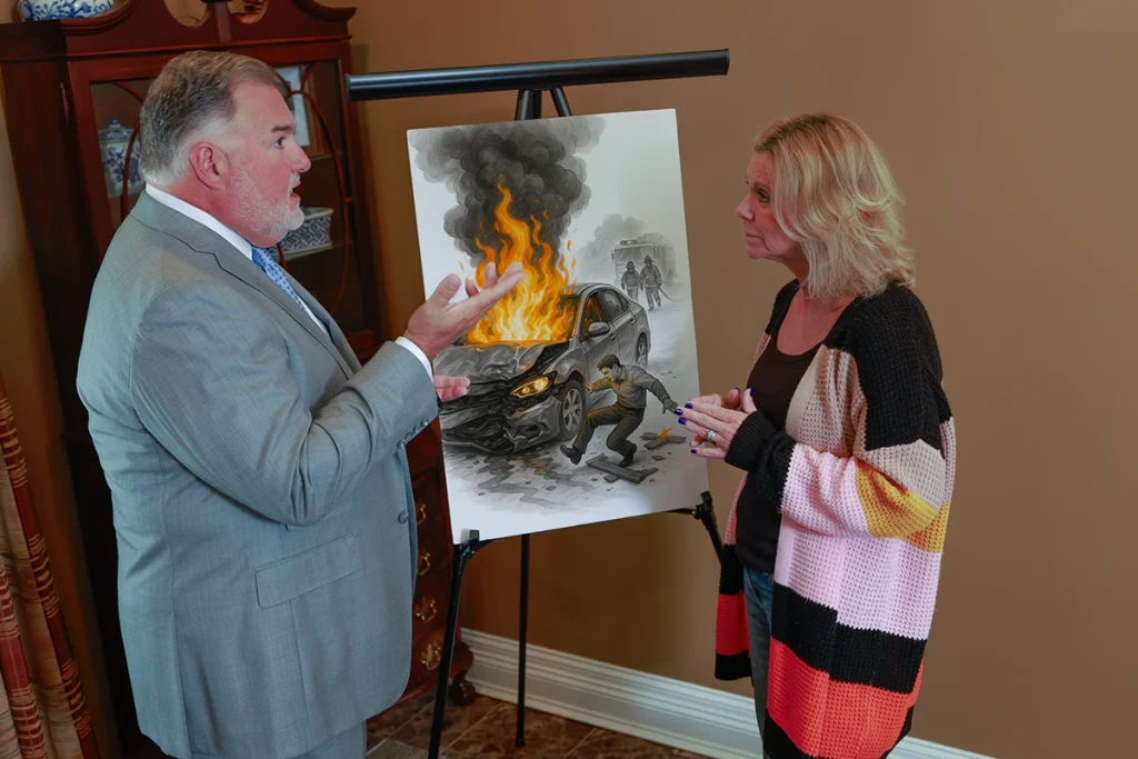 Attorney joel hamner reviews a fire related accident exhibit with a client, covering fire investigation findings.
