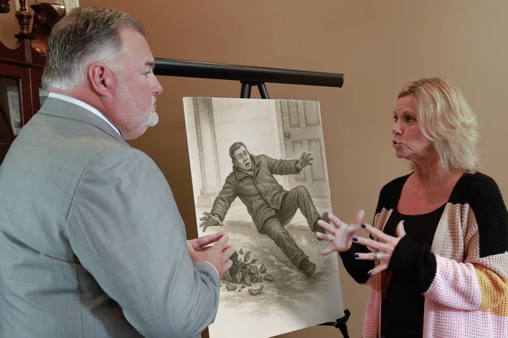 Attorney joel hamner reviews a homeowner liability exhibit with a client, noting property code violations.