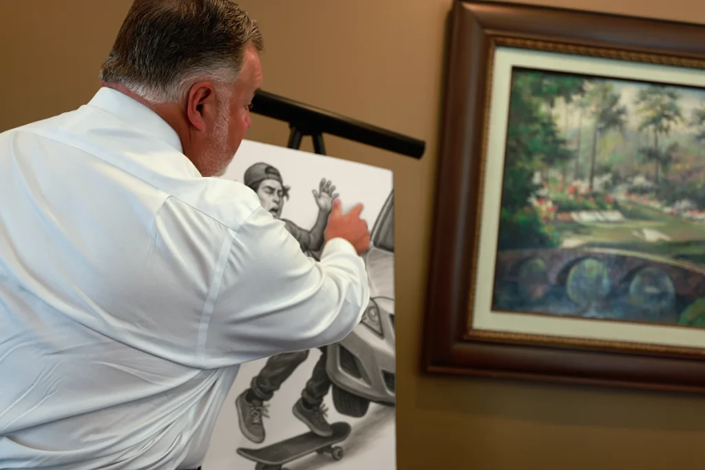 Attorney joel hamner reviews a skateboard accident exhibit with a client, noting pavement conditions.