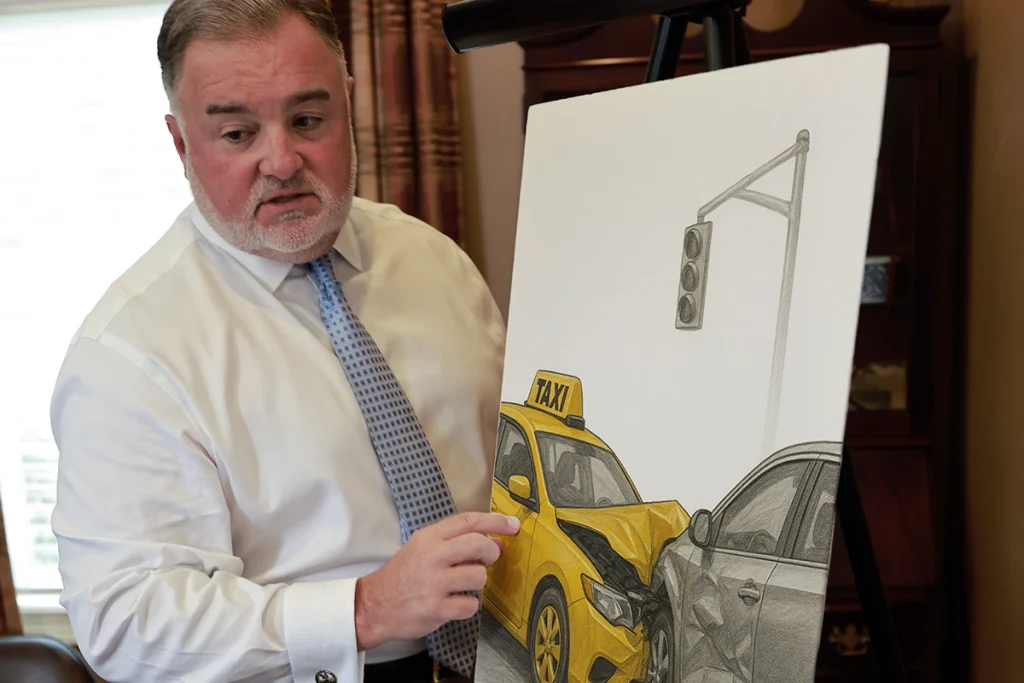 Attorney joel hamner reviews a taxi accident exhibit with a client, covering driver logs and witness statements.