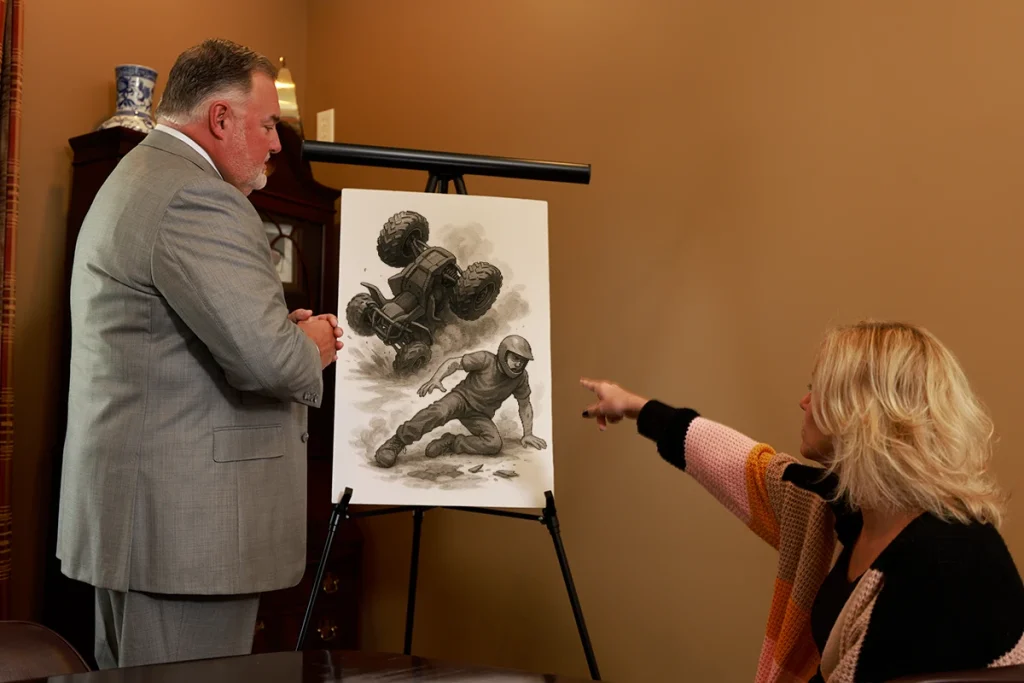 Attorney joel hamner reviews an atv and utv accident exhibit with a client, explaining off road vehicle evidence.