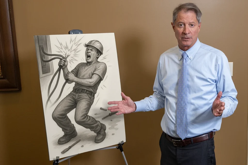 Lawyer thomas mccutcheon examines electrocution accident using a courtroom exhibit.