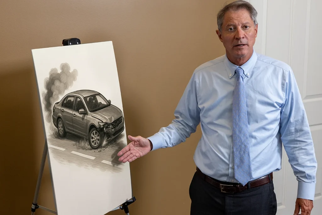 Lawyer thomas mccutcheon reviews an exhibit for defective tire accident.