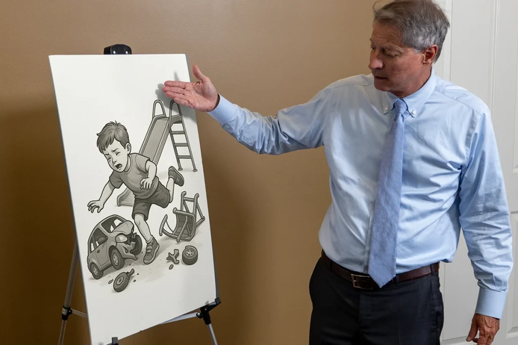 Lawyer tom mccutcheion discusses a day care accident exhibit for an upcomming trial.
