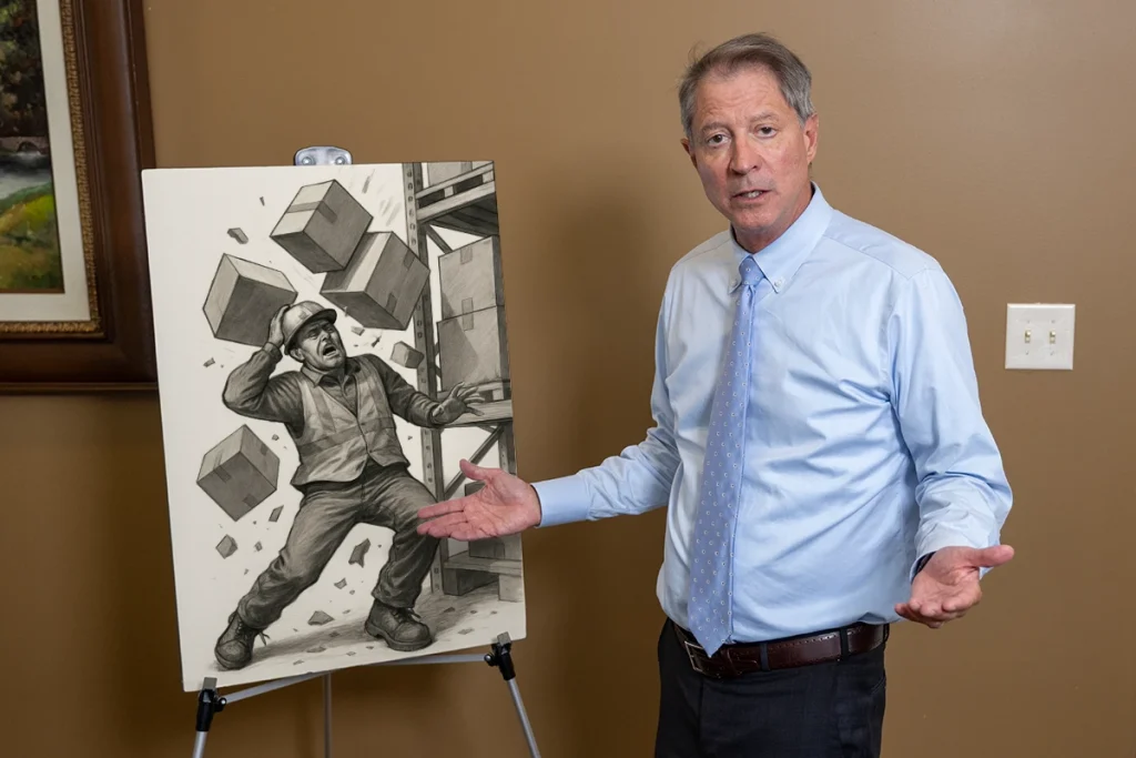 Lawyer tom mccutcheon discusses a falling object accident case with coordinating exhibits.