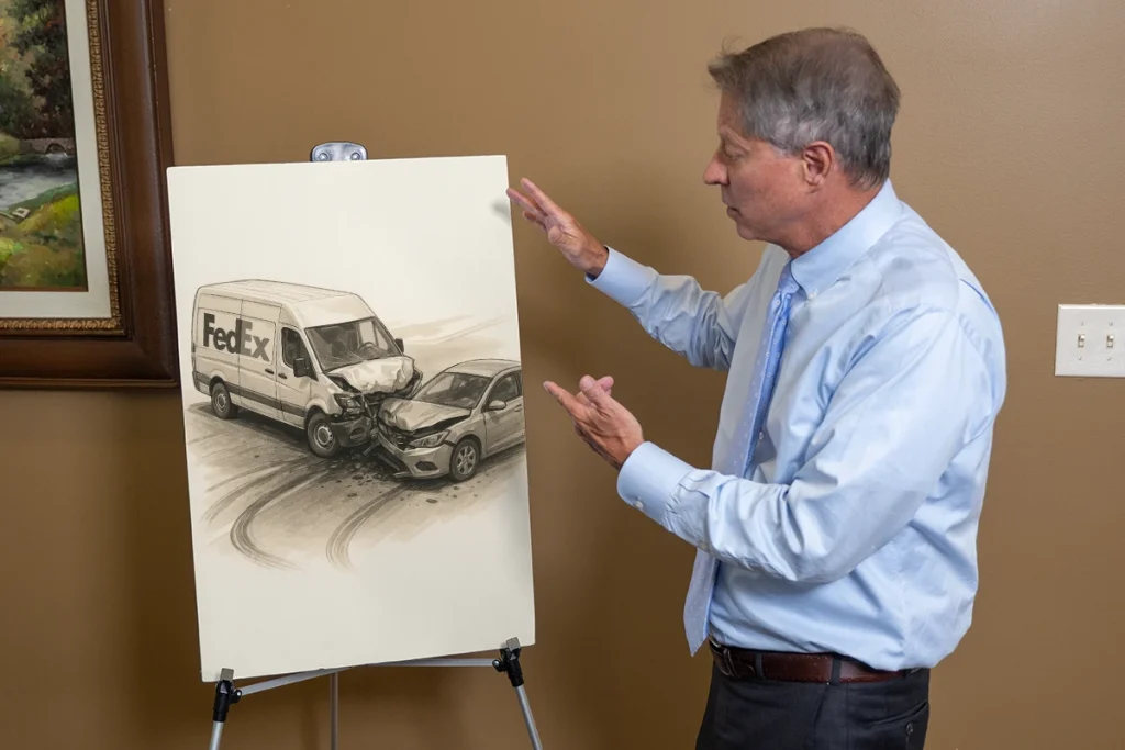 Lawyer tom mccutcheon discusses an exhibit of a fedex accident.