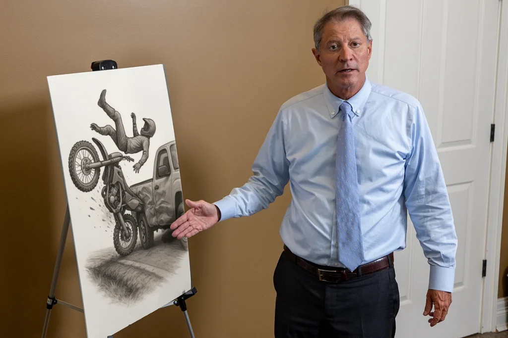 Lawyer tom mccutcheon discusses an exhibit of dirt bike accident.
