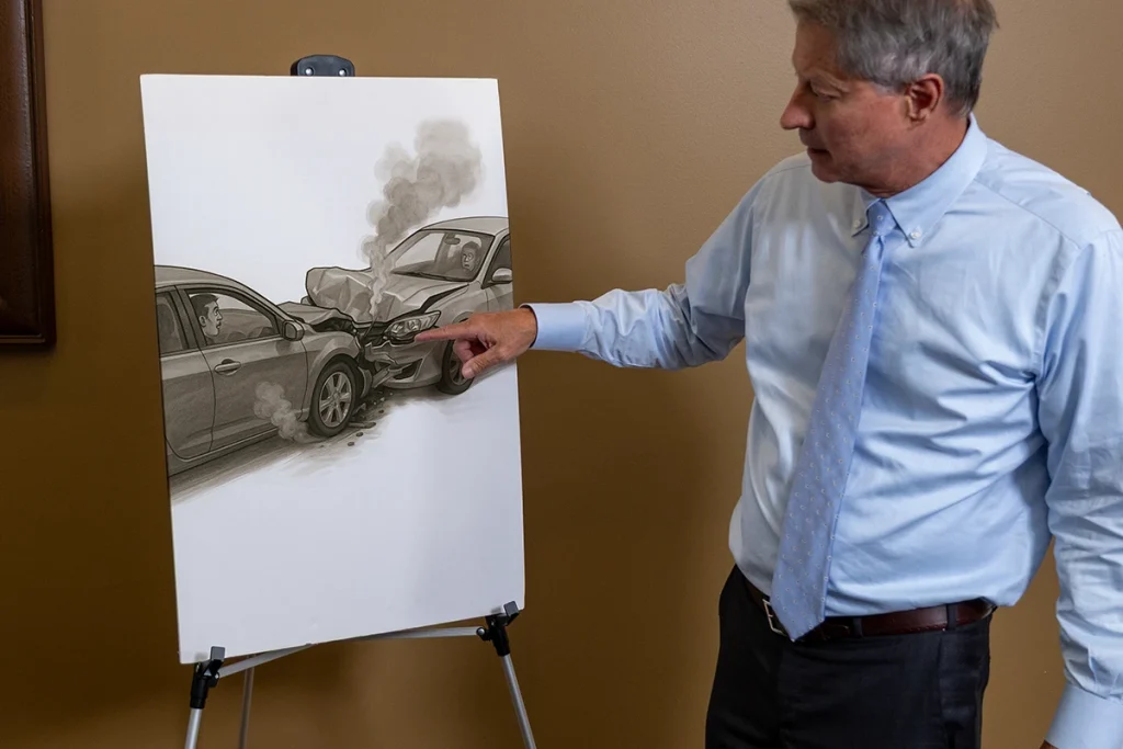 Lawyer tom mccutcheon discusses court room exhibit of a automotive defects.