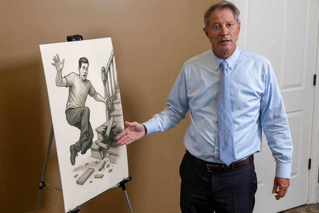Lawyer tom mccutcheon reviews a defective staircase exhibit for an upcoming trial.