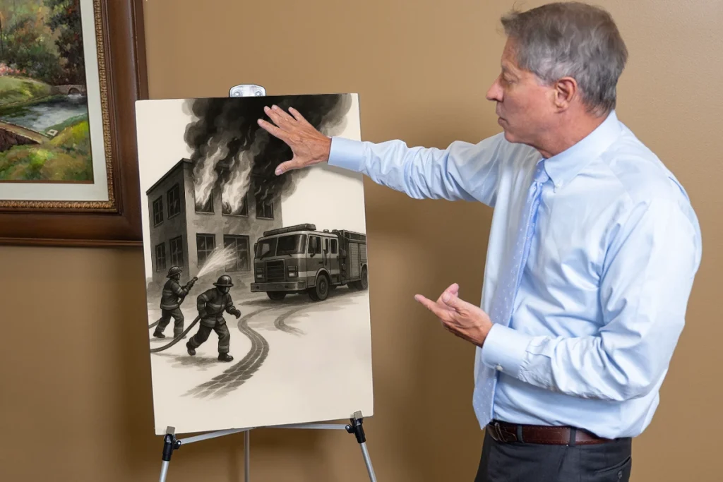 Lawyer tom mccutcheon reviews an exhibit for a fire related accident.