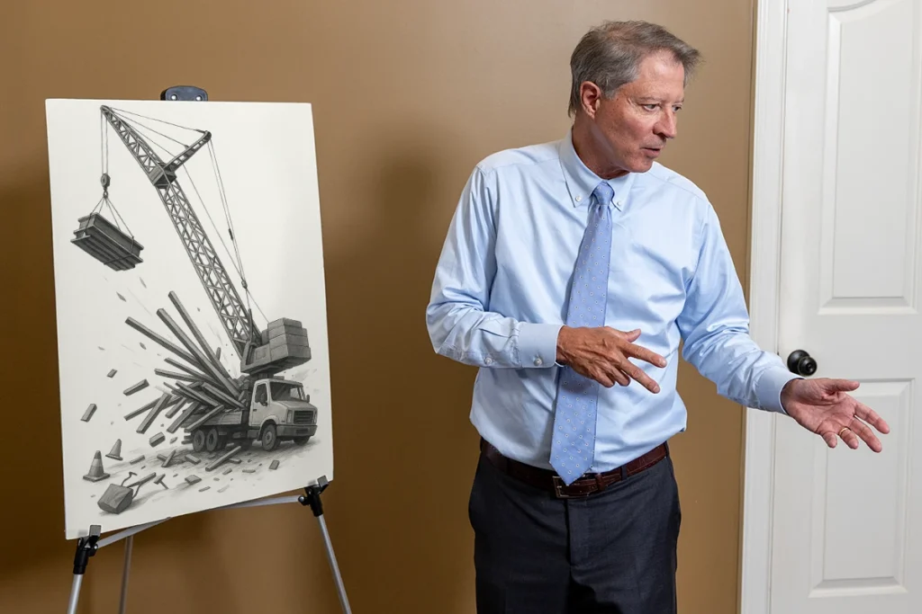 Lawyer tom mccutcheon discusses a crane accident exhibit mapping rigging failures and on site safety issues.