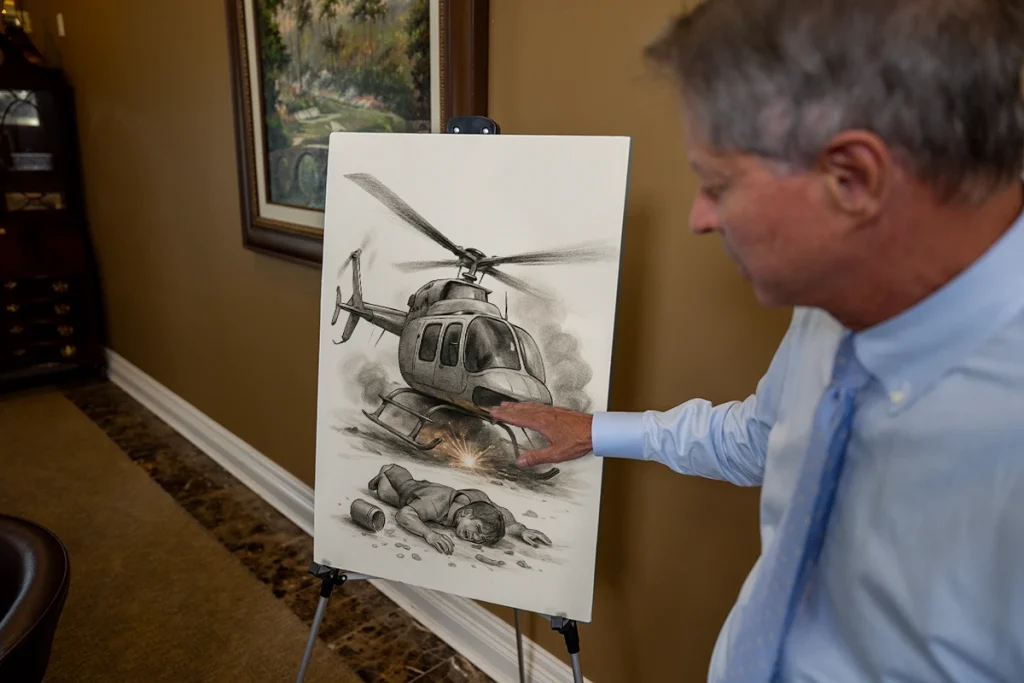 Lawyer tom mccutcheon discusses a helicopter accident exhibit featuring flight path graphics and mechanical failure notes.