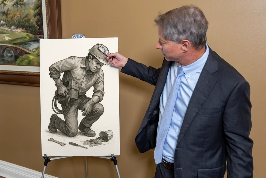 Lawyer tom mccutcheon discusses a joint injury exhibit featuring medical imaging and orthopedic reports.