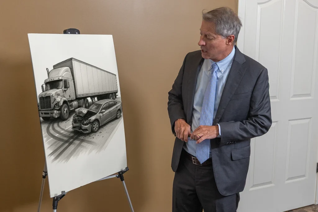 Lawyer tom mccutcheon discusses a truck accident exhibit with black box data and crash scene analysis.