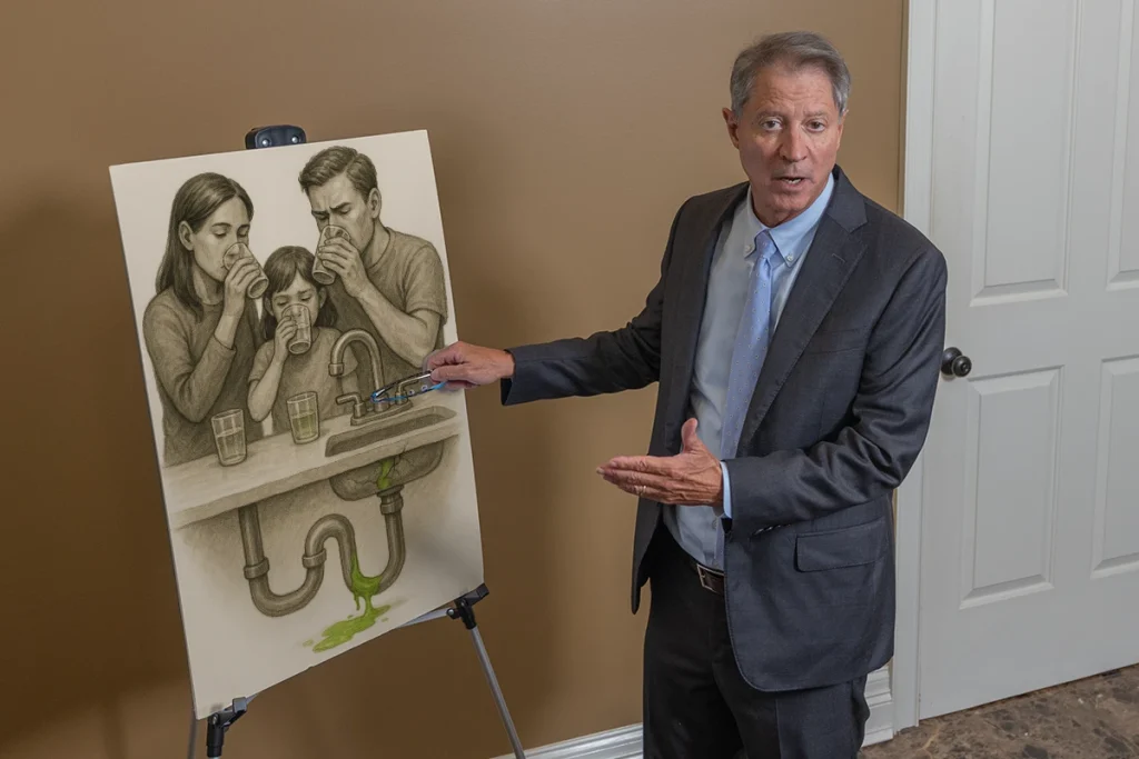Lawyer tom mccutcheon discusses a water contamination exhibit detailing lab results and affected area maps.