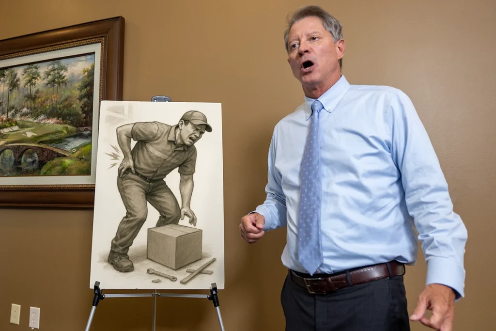 Lawyer tom mccutcheon discusses a workers’ compensation exhibit illustrating workplace injury documentation.