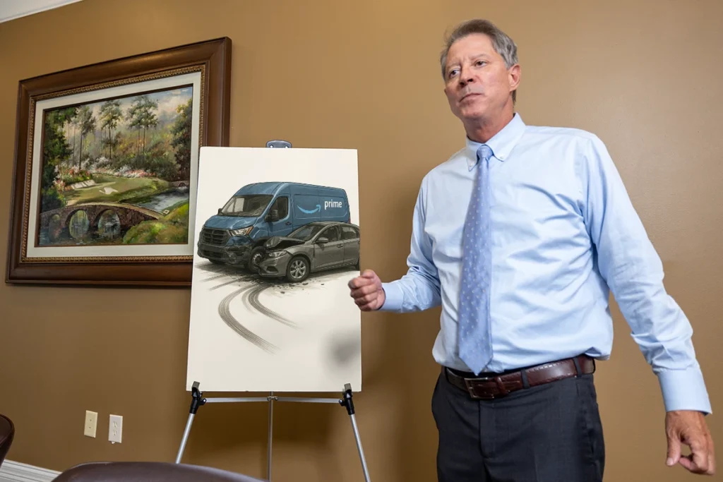 Lawyer tom mccutcheon discusses an amazon prime accident exhibit showing delivery routes and collision details for the jury.