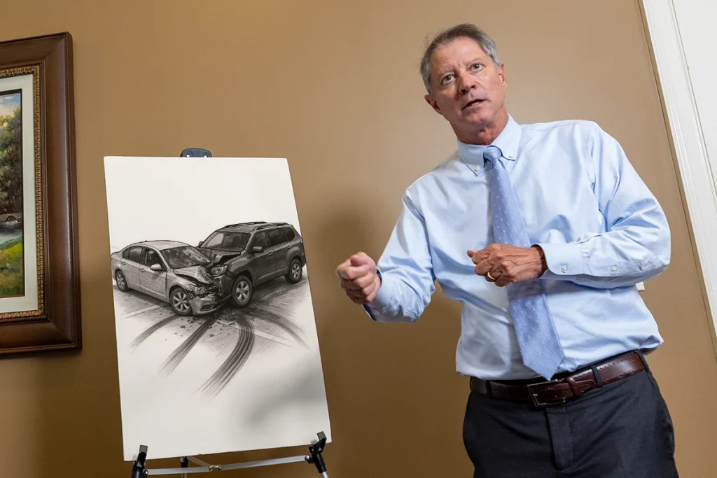 Lawyer tom mccutcheon examines a t bone accident exhibit detailing traffic signal timing and vehicle.