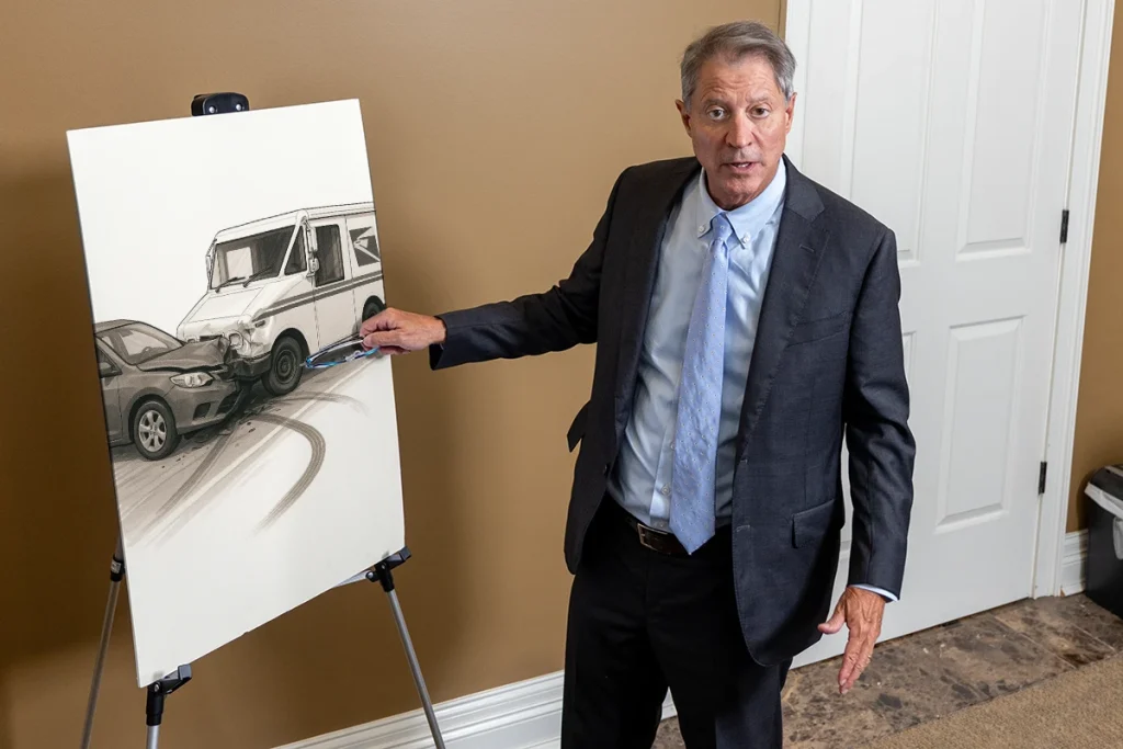 Lawyer tom mccutcheon explains a usps accident exhibit showing mail truck crash evidence.