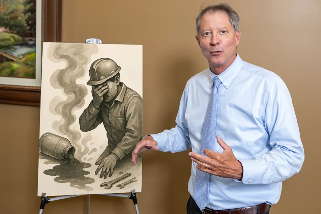 Lawyer tom mccutcheon explains a chemical exposure exhibit outlining hazardous material leaks and safety protocol breaches.