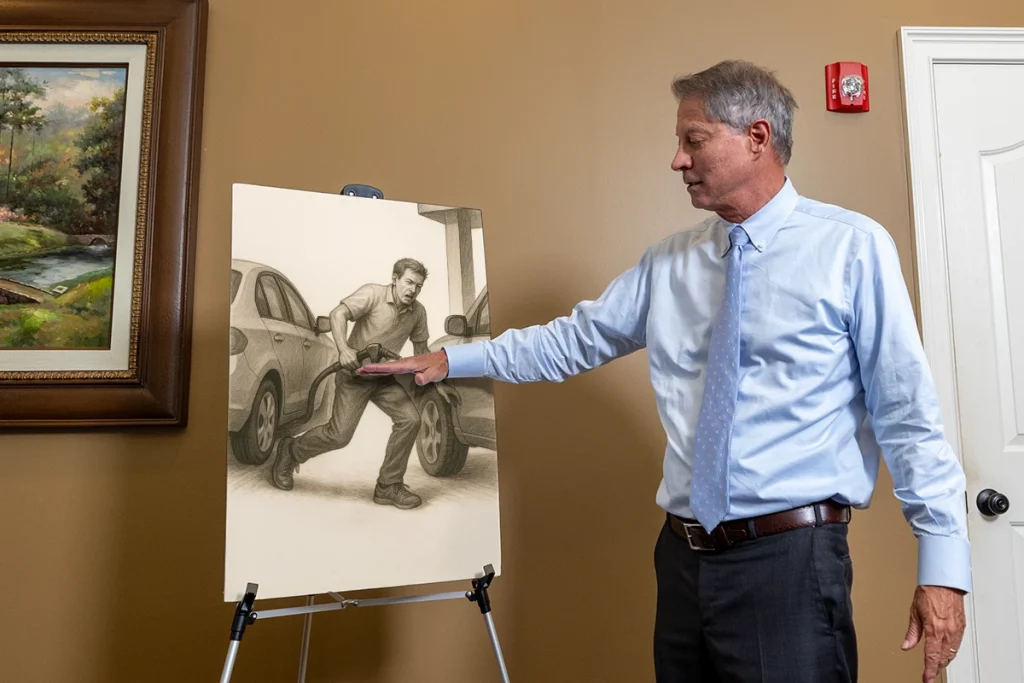 Lawyer tom mccutcheon explains a runaway vehicle exhibit featuring brake failure analysis.