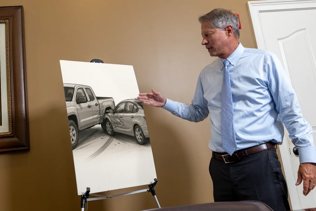 Lawyer tom mccutcheon explains a side swipe accident exhibit showing lane change diagrams.