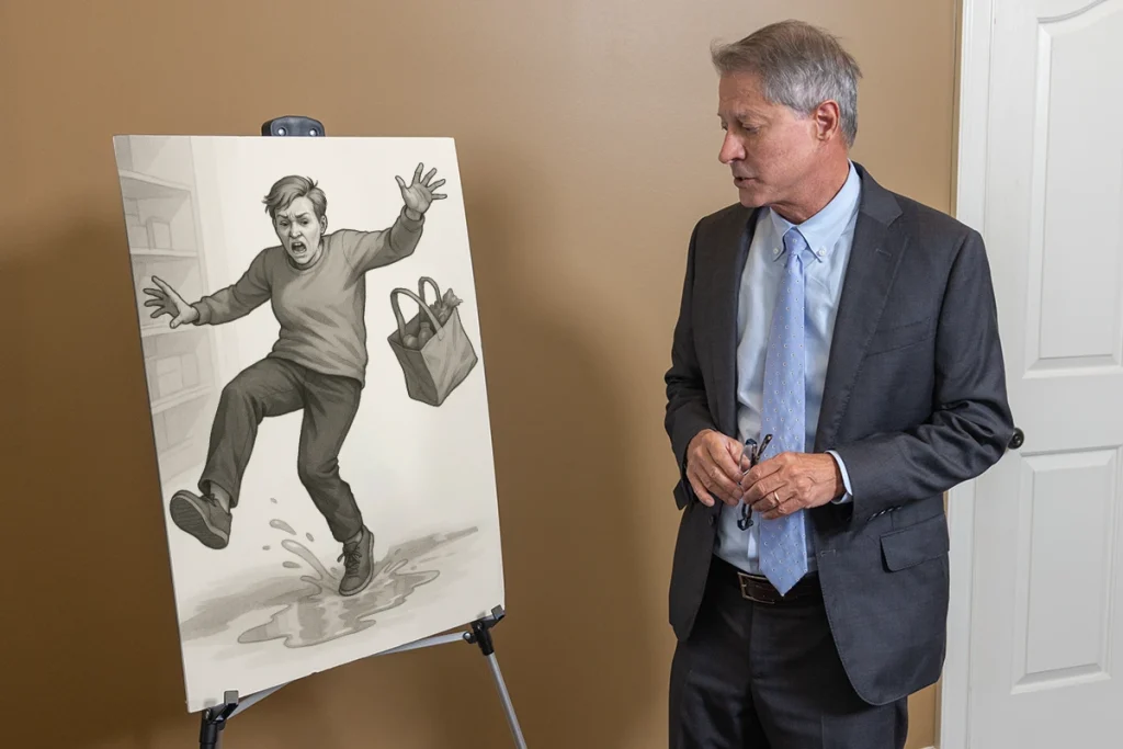Lawyer tom mccutcheon explains a slip and fall exhibit depicting wet floor conditions and security camera stills.