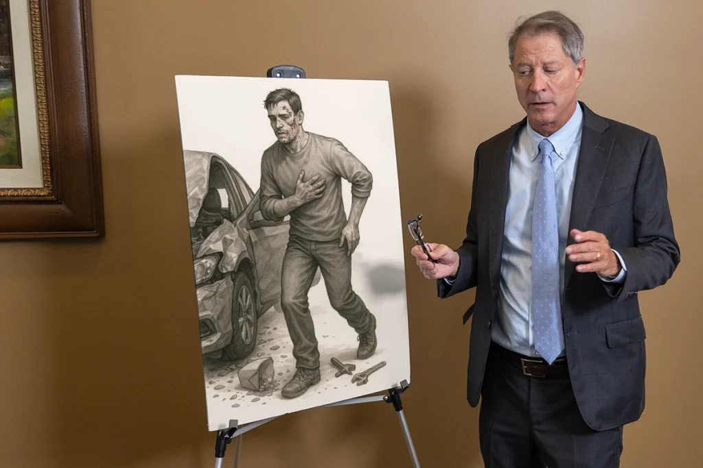 Lawyer tom mccutcheon highlights a scars and disfigurement exhibit showing before and after medical photos.