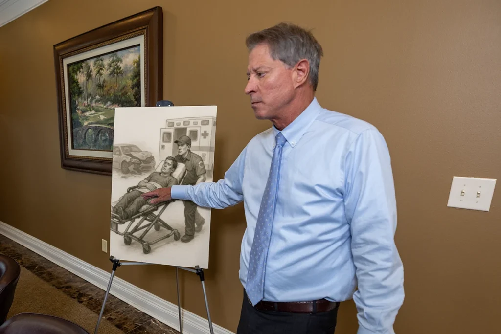 Lawyer tom mccutcheon highlights an organ damage injury exhibit showing medical imaging and treatment records.