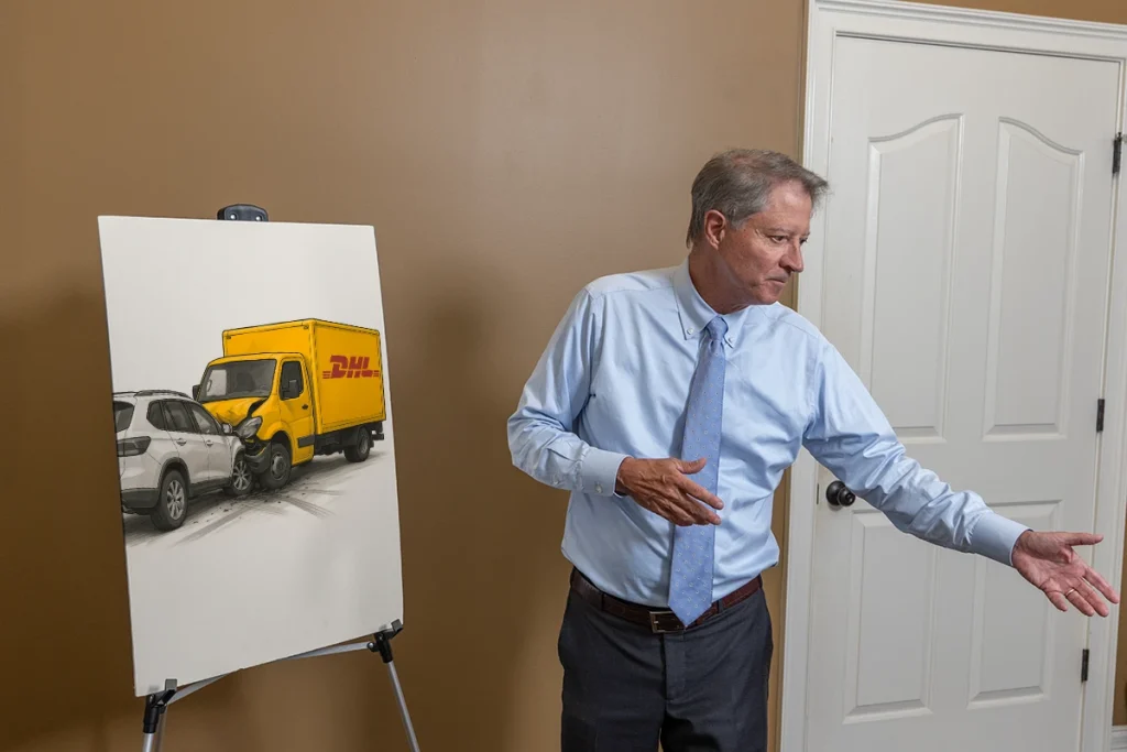 Lawyer tom mccutcheon presents a dhl accident exhibit tracking delivery routes and crash points.