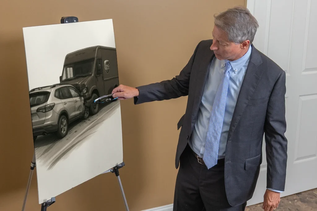 Lawyer tom mccutcheon presents a ups accident exhibit featuring delivery logs and route details.