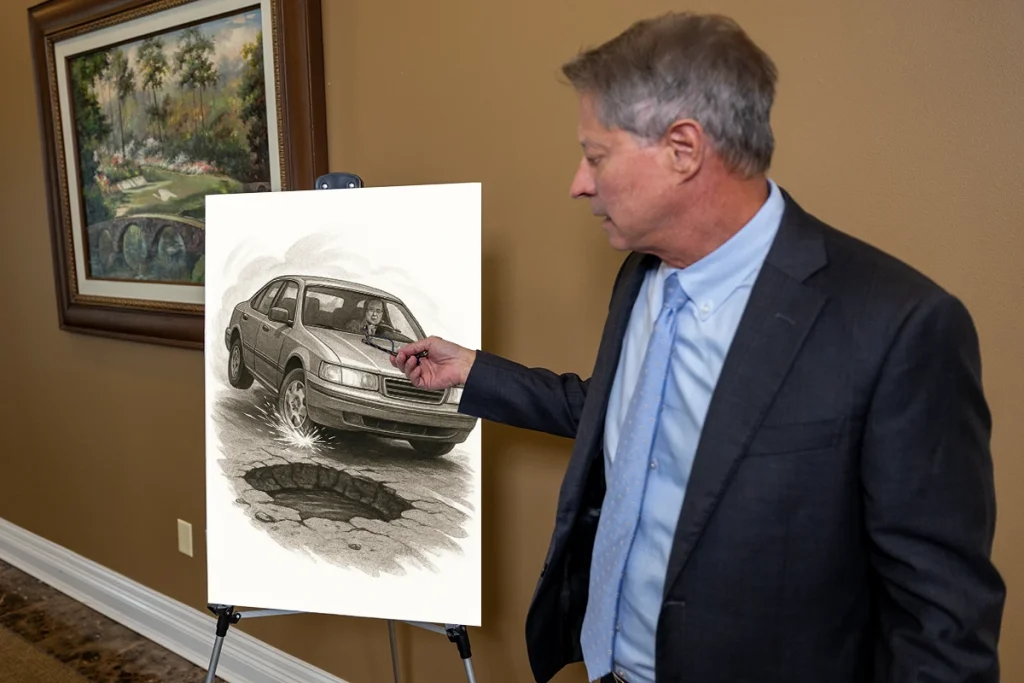 Lawyer tom mccutcheon presents a hazardous roadway exhibit showing poor maintenance and accident statistics.