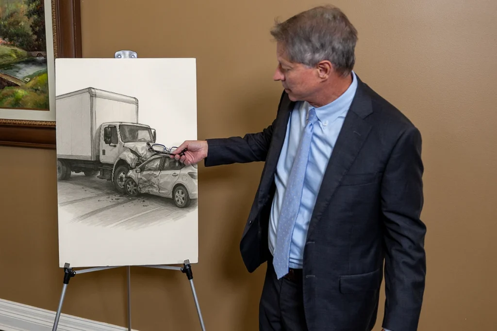 Lawyer tom mccutcheon presents a moving truck accident exhibit with highway patrol findings and route details.