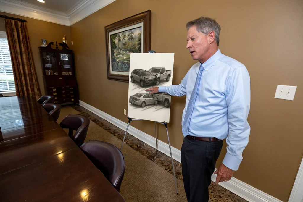 Lawyer tom mccutcheon presents a multiple vehicle collision exhibit tracing chain reaction impacts.