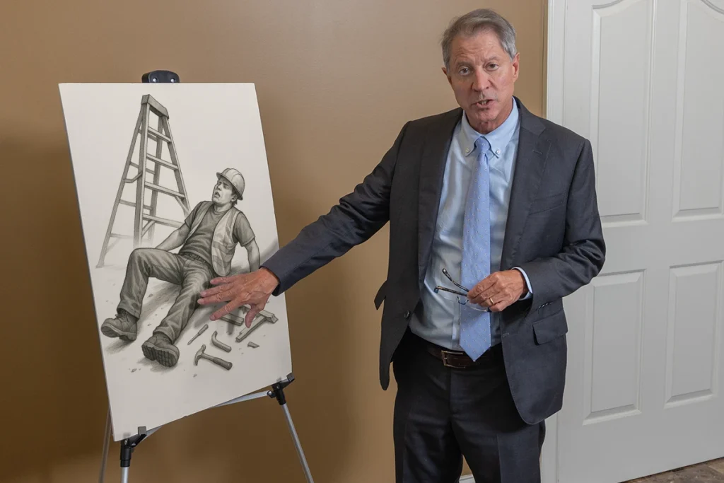 Lawyer tom mccutcheon presents a spinal cord injury exhibit with mri scans and rehabilitation plans.
